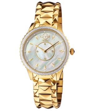With its classic design and proportions, the versatile GV2 Siena is the perfect way to accessorize just about any outfit.    The stunning 38 mm ladies GV2 Siena watch possesses a timeless beauty that will always be in style. This classically proportioned two-hand configuration features elegant pencil hands, raised metallic bar indices, and 4 Single Cut diamonds in the center of the dial.    A glittering diamond cut bezel surrounds the tastefully minimal dial and a fluted crown capped with a precious blue cabochon completes the inspired design. This spectacular timepiece is available in exclusive stainless steel, IP Rose Gold, and IP Yellow Gold and IP Bk editions.

GV2 11702-525 Women's Siena Genuine Diamond Watch

GV2 Women's Swiss Watch from the Siena Collection
38mm Round Gold case with push pull fluted crown
White MOP dial with 4 Single Cut Diamonds
IP Yellow Gold Bracelet with Deployment Buckle
Anti-reflective Sapphire Crystal
Water Resistant to 30 Meters/3ATM
Swiss Quartz Movement Ronda 762