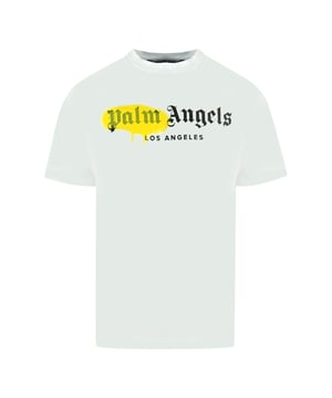 Camiseta blanca con logotipo de pintura en aerosol Palm Angels LA. Camiseta blanca Palm Angels. Ajuste regular, se ajusta a la talla real. Logotipo gótico de Palm Angels con detalle de pintura en aerosol amarilla. 100% algodón. Código de estilo: PMAA001F20JER0160118