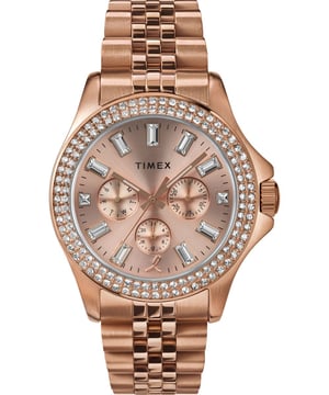 Deze Timex Kaia X Bcrf Multi Dial Horloge voor Dames is het perfecte tijdsdisplay om te dragen of cadeau te geven. De rosegouden 40 mm ronde kast, gecombineerd met de comfortabele rosegouden roestvrijstalen horlogeband, zorgt ervoor dat je van dit prachtige tijdsdisplay kunt genieten zonder enige concessie. Aangedreven door een hoogwaardig quartz uurwerk en waterbestendig tot 5 bar, blijft je horloge ticken. De Timex x BCRF Kaia Multi-function straalt met een 40 mm rosegouden kast, roestvrijstalen bracelet en met kristallen bezette lunette. Dit Multi Dial horloge heeft een kalenderfunctie: Dag-Datum, 24-uursweergave en Lumière Wijzers. Hoogwaardige 19 cm lange en 19 mm brede rosegouden roestvrijstalen band met een vouwsluiting met drukknop. Kastdiameter: 40 mm, kastdikte: 11 mm, kastkleur: rosegoud en wijzerplaatkleur: rosegoud.