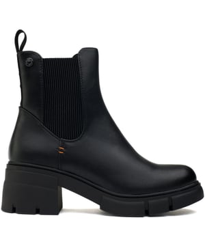 Botín Refresh de mujer en color negro con cremallera interior, fabricado en sintético y suela de goma. Incluye: cremallera interior, forro acolchado, suela con tacos, refuerzo elástico y altura del tacón 6cm.