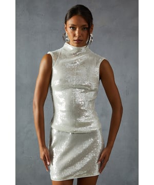 Sequin Sleeveless Grown On Neck Longline Top