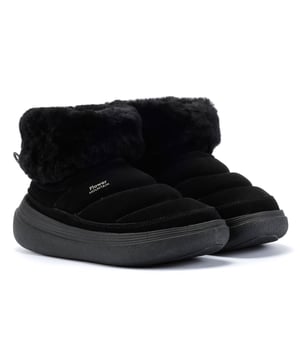 Suede ankle boot featuring cozy shearling lining, leather insole, and durable rubber sole with contrast tread for added grip.