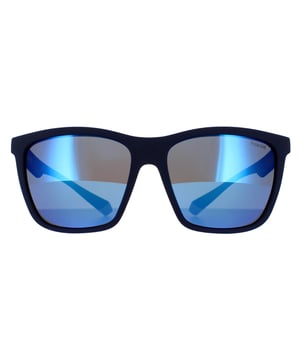 Gafas de sol Polaroid Rectangulares para Hombre en Azul Grisáceo con Espejo Azul Polarizado. Las Polaroid son un estilo rectangular ligero con una marca Polaroid de colores contrastantes en las patillas que hacen juego con las puntas de las patillas.
