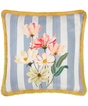 Elevate your living space with the Marais Cosmos Floral Printed Cushion, where the elegance of nature meets contemporary design. Delicate hand-painted florals, set against a striking striped backdrop, create a harmonious blend of pattern and texture that exudes modern charm. Finished with a soft chenille fabric and a refined fringed trim, this cushion delivers both visual appeal and tactile luxury. Versatile yet distinctive, it’s the perfect accent to enhance a modern country interior while showcasing your love for prints and the natural world. Add it to a sofa, armchair or bed to make a stylish, inviting statement.