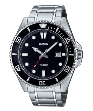 This Casio Casio Collection Analogue Watch for Men is the perfect timepiece to wear or to gift. It's Silver 44 mm Round case combined with the comfortable Silver Stainless steel watch band will ensure you enjoy this stunning timepiece without any compromise. Operated by a high quality Quartz movement and water resistant to 20 bars, your watch will keep ticking. Elegant and fashionable watch that is suitable for the daily life of every Men. This Analogue watch has a calendar function: Date , Luminous Hands , Luminous Numbers and Screw Down Crown High quality 21 cm length and 21 mm width Silver Stainless steel strap with a Fold over with push button clasp Case diameter: 44 mm,case thickness: 12 mm, case colour: Silver and dial colour: Black