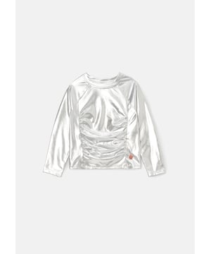 Sparkle and shine. Crafted from mesmerising metallic jersey fabric and cut into a ruched silhouette. this stunning long sleeve top is perfectly versatile and can be dressed up or down. Express your signature style with a touch of shimmer!.