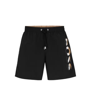 Mens BOSS Bold Swim Shorts in black.- Elasticated waist with drawcord.- Side pockets.- Rear patch pocket with hook and loop closure.- Built-in mesh briefs.- Tri-colour printed BOSS logo at left leg.- Shell: 100% Polyamide.  Lining: 100% Polyester.  Machine washable.- Ref: 50491579