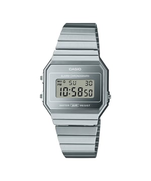 This Casio Casio Collection Vintage Digital Watch for Women is the perfect timepiece to wear or to gift. It's Silver  Square case combined with the comfortable Silver Stainless steel watch band will ensure you enjoy this stunning timepiece without any compromise. Operated by a high quality Quartz movement and water resistant to 3 bars, your watch will keep ticking. Monochromatic colour scheme meets streamlined face design. A refined look, pure vintage sophistication. The slim case offers an even more comfortable fit. This Digital watch has a calendar function: Day-Date , Stop Watch , Alarm and Light High quality 19 cm length and 20 mm width Silver Stainless steell strap with a Folding Clasp Case diameter:  mm,case thickness: 6 mm, case colour: Silver and dial colour: Silver