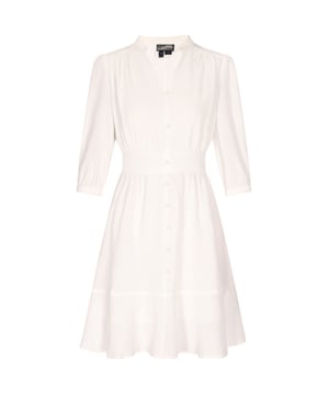 Dieses knielange Kleid zeichnet sich durch eine taillierte Taille und einen ausgestellten Rock für eine schmeichelhafte Silhouette aus. Mit einem Kragen und einer Knopfleiste strahlt es Eleganz aus. Die langen Ärmel mit Manschetten verleihen dem Kleid eine elegante Note. Die betonte Taille verstärkt die Fülle des Rocks, während ein kleines Etikett auf der linken Brustseite ein dezentes Detail zu diesem schicken Ensemble hinzufügt.  Kleid