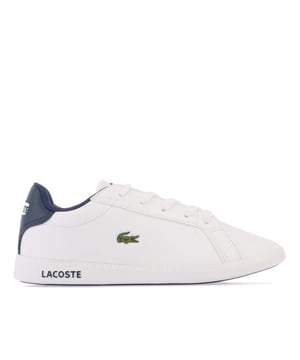 Children Boys Lacoste Graduate Trainers in white navy.- Synthetic uppers.- Lace up fastening.- Padded collar.- Embroidered green crocodile branding on the quarter.- Embroidered Lacoste branding at tongue.- Contrast heel patch with Lacoste lettering.- Ortholite sockliner for comfort and odour control.- Rubber outsole.- Synthetic upper  Textile lining  Synthetic sole.- Ref: 741SUC0006042