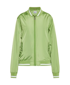 Entdecken Sie die Collegejacke, eine elegante Bomberjacke mit zentralem Frontreißverschluss und Stehkragen für einen modernen Look. Dieses leichte Stück verfügt über lange Ärmel mit elastischen Bündchen, zwei Vordertaschen mit Knopfverschluss und einen elastischen Saum. Hergestellt aus einem glatten Stoff mit dezentem Glanz.  Collegejacke