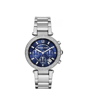 PRODUCT INFO			Case Diameter: 39mm	Case Material:&nbsp;Stainless Steel			Water Resistant: 100 Metres	Movement: Quartz (Battery)	Dial Colour: Blue			Strap Material: Stainless Steel&nbsp;Bracelet	Clasp Type: Push-Button Deployment			Gender: Female	DESCRIPTION						This Ladies Michael Kors&nbsp;parker watch will make you feel like star you are by adding&nbsp;a touch of luxury to any&nbsp;of your looks.&nbsp;Made from&nbsp;stainless steel&nbsp;tone with a round face featuring a crystal studded&nbsp;bezel and crystal hour markers not forgetting&nbsp;three chronograph sub dials and a date window powered by a&nbsp;quartz movement. 					Don't miss out on a chance to shine with this glamourous time piece