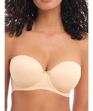 Freya Deco Underwired Moulded Strapless Bra. Seamless cups with plunge neckline and powernet wings. Gripper elastic and detachable straps. Product is made of 16% Nylon/Polyamide, 3% Elastane, 81% Polyester and is recommended hand-wash only.