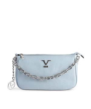 Elegante mini bolso para mujer de V Italia.
  Color azul claro y composicion 100% cuero.
  Medidas 26x16x10 cm y fabricado en Italia.
  Presenta el nombre y el logotipo de la marca V Italia en la parte delantera.
  Asa superior y correa de hombro desmontabl.