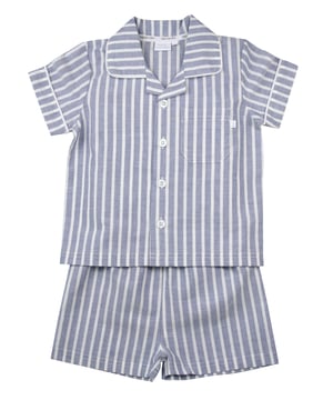 Blue and White Stripe Traditional Shortie Pyjamas.

Our classic short sleeve crisp summer cotton boys pyjamas in a blue and white stripe creates a traditional look that’s perfect for lounging or sleeping. Made from super-soft 100% crisp cotton. The set is trimmed with white cotton piping. The top has an open collar and revere, single square pocket with MV tab and fastens with Mini Vanilla Engraved buttons. The crisp cotton comfy shorts have a fully soft elasticated waist for extra comfort. 

Sold as a Pyjama set.
Fabric 100% cotton - crisp summer weight.
Fire Warning : KEEP AWAY FROM FIRE AND FLAMES.
Wash Care Instructions : Machine wash inside out, do not soak, wash dark                    colours separately, do not iron trims. Save energy and wash at 30 degrees.
Do not tumble dry