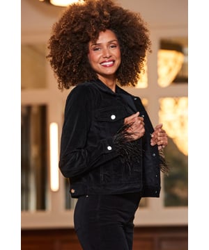 REASONS TO BUY:

Consider your outfit elevated
Crafted from sumptuous velvet
Feather cuffs for a fun twist
Flattering hem length
Clash textures with leather leggings
Create a cool co-ord with the matching jeans