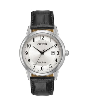 This Citizen  Analogue Watch for Men is the perfect timepiece to wear or to gift. It's Silver 40 mm Round case combined with the comfortable Black Leather watch band will ensure you enjoy this stunning timepiece without any compromise. Operated by a high quality Eco-Drive movement and water resistant to 3 bars, your watch will keep ticking. This Classic watch has an Eco-drive technology (Recharged by any light source; never needs a battery) - The watch has a Calendar function: Date, Solar Powered High quality 21 cm length and 20 mm width Black Leather strap with a Buckle Case diameter: 40 mm,case thickness: 9 mm, case colour: Silver and dial colour: Silver