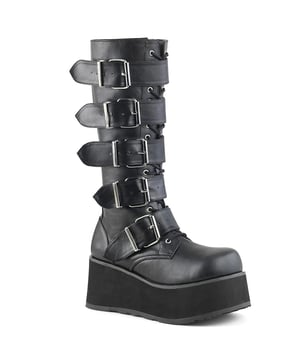 Bold and breath-taking, these Demonia Trashville 518 black wedge platform boots are perfect for when you want to make a statement and stand out from the crowd. With black vegan leather uppers, these mid-calf boots come with 5 large metallic buckles along the whole of the boots uppers with lacing underneath for a head-turning look. An additional full-length inside metallic zip makes it easy to put these boots on and off and the rubber 3.25" wedge platform sole gives this boot a bold and confident look without coming at the expense of comfort and practicality. Showcase your style with these Demonia Trashville 518 black midcalf boots.