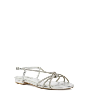 This elegant dressy flat sandal profile has been designed with three delicate straps that cross the front of the front, and a delicate adjustable intertwining ankle strap that holds the sandals in place. A barely-there design embellished with tiny hot stone detailing for added sparkle.