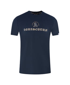 Aquascutum Script Logo Navy Blue T-Shirt. Stay stylish in the Aquascutum Logo Blue T-Shirt. This classic white tee is made with quality materials to keep you looking sharp for years to come. An invaluable addition to your wardrobe, discover the luxury of this timeless brand.. Aquascutum Script Branding Across The Chest, Short Sleeve, Crewneck. 100% Cotton, Regular Fit, Fits True To Size. Union Jack Logo On Back Neck, British Flag Badge On Left Sleeve. Style Code: T00923 85