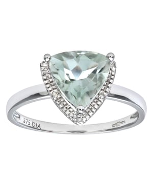 9K (375) geel goud: 1,3 gram; # Diamant: 0,025 ct; # Groene Amethist: 1,5 ct