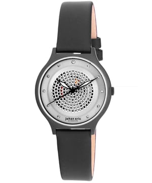 Johan Eric: Orstead, Women's, Silver sunray Dial Watch, UP dots and Swarovski indexes, Black pvd stainless steel case and buckle, Black satin band..