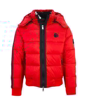 Plein Sport Padded Taped Sleeve Red Jacket. Stay warm and stylish with the Plein Sport Padded Circle Logo Red Jacket! Crafted with comfort in mind, this sleek Red jacket features padded lining and the signature Plein Sport circle logo. Enjoy superior warmth paired with timeless elegance!. Zip Closure Front Pockets, Patch On Chest, Central Zip Closure, Elsaticated Waist. Hooded Coat, Filling: 100% Polyamide, Lining : 100% Polyester. Padded Jacket, Zip Closure. Style: UPPS29F 52