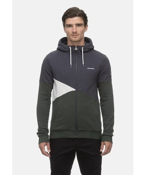 Diese bequeme Sweatjacke für Herren ist ein tolles Basic für kühlere Stunden und Tage. Die Ärmel und der Saum sind mit Rippbündchen versehen, die für einen guten Sitz sorgen. Die hochgeschnittene Kapuze hat einen Kordelzug und schützt vor Wind und Kälte. Geschlossen wird die Sweatjacke mit einem Reißverschluss. In den Seitentaschen können kleine Gegenstände verstaut werden. Ober- und Unterteil der Jacke sind farblich abgesetzt, wodurch ein cooler Streetwear-Look entsteht. Der Label-Schriftzug auf der Brust und die Label-Applikation auf dem Ärmel runden das Design ab.