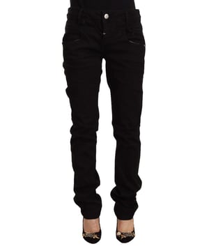 Brand: ACHT
  Material: 98% Cotton 2% Elastane
  Color: Black
  Fit: Slim
  Waist: Low
  Closure: Zipper and button
  Details: Logo
