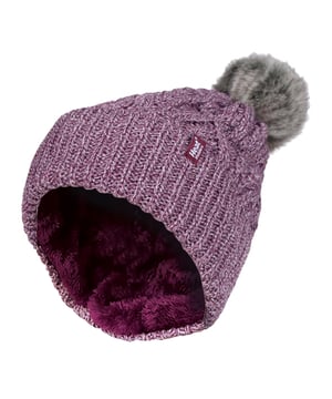 Like the original Heat Holders ladies pom pom but with a modern styled knit, this Solna styled hat like the original aims to keep you cosy and warm whilst keeping you fashionable with their contemporary style and knit. These womens pom pom hats have a fleece plush insulation lining, called Heatweaver, that is even more effective at holding warm air than any regular lining. This thermal lining is designed to be soft with a luxurious fleece feel (it almost feels like your touching the golden fleece) whilst holding warm air close to your skin, effectively keeping the cold air out. All of this is designed to ensure that you are toasty warm throughout the cold weather. This pom pom hat has a turn over cuff and a large faux fur fluffy pom pom on the top of the hat. This hat has a cable knit construction on its outer to give a fashionable touch. These ladies Solna hats are also to be considered the most slouch like out of all of Heat Holders’ range of thermal hats. These ladies Heat Holders Solna styled pom pom hats are available in 7 colours including cream, denim and light grey. They are made from 55% Polyester, 45% Acrylic on the outside of the hat and the lining is made from 100% Polyester. They come in one size and they are machine washable.