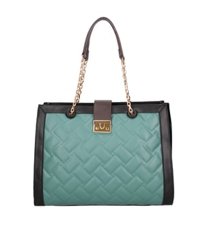 Damen-Shopper-Tasche mit Schnappverschluss. eine Innentasche mit Reißverschluss und zwei offene Innentaschen. eine davon mit Außentaschen mit Reißverschluss. fehlender Schultergurt. in Kette und Kunstledergriff. ein Innenfach. Außenmaterial. Innen mit Polyester gefüttert. Maße: 40x31x11 cm. Modeprodukt
