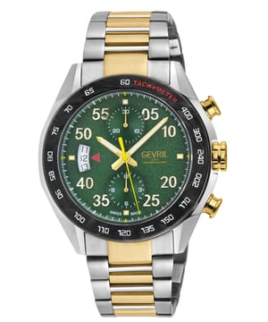 Gevril 48316B Men's Ascari Chronograph Swiss Automatic Watch

Gevril Men's Swiss Automatic Watch from the Ascari Chronograph Collection
43mm 316L Stainless Steel Satin and Polished Case with Forged Carbon Black Bezel, Green Pattern Dial
Arabian Raised Numerals, Luminous hands
Chronograph, Tachymeter, Exhibition case back
Screw down Crown with Gevril Logo
316L Stainless Steel Satin and Polished Bracelet Two toned IPRG Deployment Buckle
Anti-reflective Sapphire Crystal
Water Resistant to 100 Meters/10ATM
Swiss Automatic, SW500 Movement
