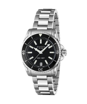 Manufacturer part number: YA136403Brand: GucciSeries: DiveGender: Women'sEAN: 731903358447Movement: QuartzBracelet color: Silver-toneWaterproofing: 200M (20ATM)Dial color: BlackBracelet material: Stainless steelDial diameter: 32mmDial thickness: 11mmCase back: SolidBezel: Uni-directional rotatingCrystal: Scratch-resistant sapphireCrown: Screw downBracelet description: Stainless steel braceletClasp type: Deployment with double push buttonCase color: Silver-tone
