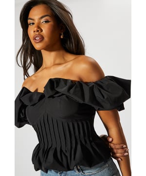 Striking bardot neckline with ruffle detail
        Cinched waist for a flattering silhouette
        Off-shoulder design with short sleeves
        Textured fabric with vertical pleating
        Cropped length perfect for high-waisted bottoms
    
    Make a statement with this eye-catching Ruffle Bardot Cinched Waist Top from MissPap. The off-shoulder design with its dramatic ruffle detail creates a captivating look that's sure to turn heads. The cinched waist accentuates your figure, while the vertical pleating adds texture and interest. Perfect for those who love to be the centre of attention, this top pairs beautifully with high-waisted jeans for a casual yet stylish ensemble. Dress it up with a sleek skirt and heels for a night out, or keep it relaxed with wide-leg trousers and trainers for a chic daytime look. Whether you're heading to a family gathering or meeting friends for drinks, this versatile piece allows you to customise your style to suit any casual occasion. The cropped length is ideal for showing off your favourite bottoms, making it a must-have addition to your wardrobe.