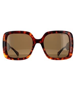 Polaroid zonnebrillen PLD 6168/S 086 SP Dark Havana Bronze gepolariseerd zijn een ultra vrouwelijke stijl met grote vierkante lenzen en een dikke acetaatframe verfraaid met het polaroid -logo op de brede tempels.