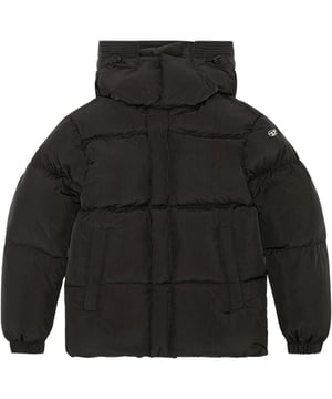 Diesel zwarte jas, centrale ritssluiting, zakken aan de voorkant, effen zwarte jas, materiaal: 100% polyamide, vulling: 100% polyester, jas met capuchon, zwarte jas