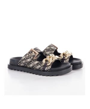 Guess Fatema Logo 4G Damensandale Schwarz Synthetik. Authentischer Schuh der Marke Guess - Streetwear/Sportswear-Design von Guess - Guess für modebewusste Frauen, perfekt für den Alltag - Die schwarze Guess-Sandale lässt sich hervorragend mit Ihrem restlichen Kleiderschrank kombinieren - Komfortables Synthetikmaterial - Klassische Schnalle - Fatema Logo 4G - Synthetik.
