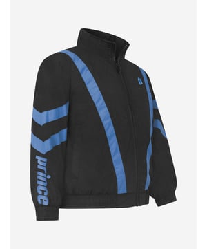 A casual but sporty baseline track jacket by Prince Off Court. This jacket features gel print Prince on the sleeves with contrast blue stripes on the front body of the jacket and on the sleeves. Made with 100% nylon with a gel print. Wash on a delicate cycle. Be sure to turn it inside out to protect the gel print letters.