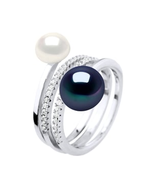 Ring DUO - 2 Real zoetwaterparels 7-8 en 9-10 mm - Kwaliteit AAAA + - COLORI BLACK TAHITI EN NATUURLIJK WIT - Bestrating oxiden van zirkonium - Verstelbare vanaf maat 48 tot Size 62-925 duizendste rhodium - Garantie 2 jaar op fabricagefouten - wordt geleverd in een presentatie geval met een certificaat van echtheid en een Internationale Garantie - Al onze juwelen zijn gemaakt in Frankrijk.