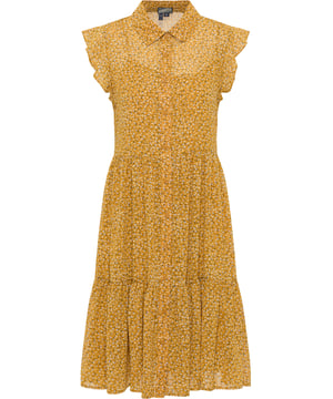 Zorg ervoor dat je deze magische jurk van DreiMaster Vintage veiligstelt! De delicate bloemenprint in aangename kleuren, een subtiel vloeiend silhouet en een gelaagde volant aan de rok maken de jurk tot een absoluut it-piece. Een kleine overhemdkraag en een doorlopende knoopsluiting ronden het romantische design af. Een soepele onderjurk zorgt voor dekking en maakt de zomerse look compleet.  Blouse jurk