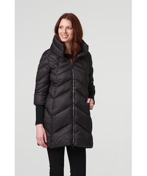 Keep warm but still on-trend with this sleek longline puffer coat. It has a high-necked collar, zip front, long sleeves with wide ribbed cuffs, handy pockets and a thigh length hem. Layer over almost any casual outfit for a practical style you can wear on repeat as it gets colder outside.