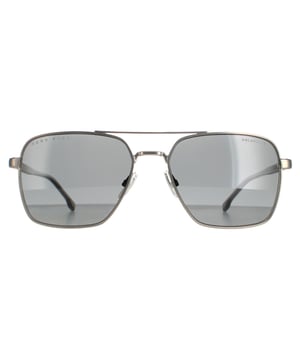 Hugo Boss Aviator Mens Matte Ruthenium  Grey Polarized  BOSS 1045/S  Sunglasses are a stylish squared off aviator style with classic double bridge look. The metal core of the temples shows through the acetate to show the strong durability of these cool Hugo Boss shades..