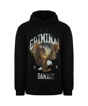 The Eagle Pullover Hoodie from Criminal Damage comes with a drawstring hood and open kangaroo style pocket, featuring elasticated cuffs and hem. This hoodie is made from recycled fabrics. Coming in Black colour, this hoodie features an embroidered logo on chest.
