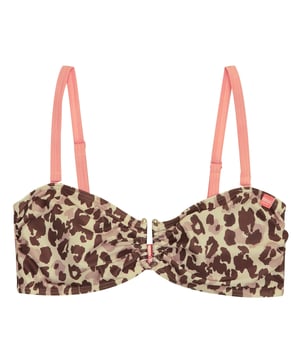 85% Polyester, 15% Elastane. Fabric: Soft Touch, Stretch. Design: Leopard Print, Ruched. Fastening: Clasp. Neckline: Sweetheart. Adjustable Shoulder Strap. Sustainability: Made from Recycled Materials. Sun Rating: UPF 50+.