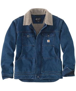 *Sizing Note* Carhartt are more generously sized, you may need to consider dropping down a size from your traditional workwear clothing. Two lower front side entry pockets. Two chest pockets with flaps and button closure. Interior pocket with hook-and-loop closure. Sherpa trimmed collar. Relaxed Fit.