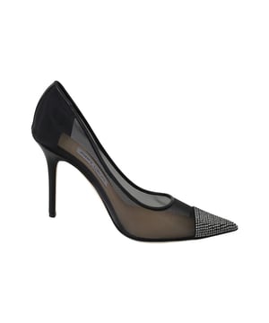 A estrenar con etiquetas bolsa guardapolvo y caja de zapatos.
  Zapatos de tacon Jimmy Choo 100% autenticos.
  Diseno de puntera puntiaguda.
  Impresionante adorno de piedra de cristal de diamante negro.
  Confeccionado en malla de alta calidad.
  Adornado.