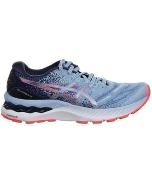 Introducing the Asics Gel-Nimbus 23 Women's Blue Running Trainers, the ultimate blend of style, comfort, and performance designed specifically for female runners. Whether you're a seasoned athlete or just starting your fitness journey, these running shoes are engineered to provide you with the support and cushioning you need to conquer your runs with confidence.

Key Features:

 Gel Cushioning Technology:  The Gel-Nimbus 23 is equipped with Asics' signature Gel cushioning technology in both the forefoot and rearfoot areas. This innovative technology effectively absorbs shock upon impact, providing superior cushioning and reducing the risk of discomfort and injury during long runs.

 FluidRide Midsole:  These trainers feature a FluidRide midsole that strikes the perfect balance between lightweight responsiveness and durable cushioning. It offers exceptional bounce-back, ensuring a smooth and energetic ride.

 FlyteFoam Propel Technology:  Asics' FlyteFoam Propel technology is integrated into the midsole, delivering outstanding responsiveness and a plush feeling underfoot. This feature enhances your stride and propels you forward with every step.