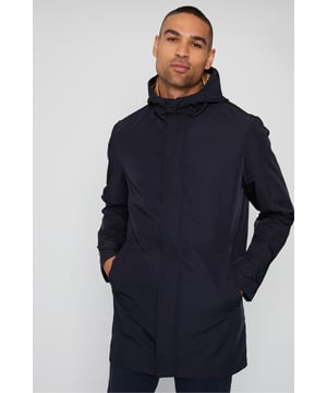 Elevate your outerwear with this sleek showerproof raincoat from the Threadbare Luxe collection. This raincoat is cut in a regular fit for comfortable wear and has a three-piece hood with a recycled polyester lining. Detailed with a two-way zip fastening and branded zip puller, this modern take on a classic mac style coat is also showerproof for your peace of mind. It is fully lined with a contrast coloured recycled polyester lining. Complete with two angled welt pockets to the front and a handy inside pocket with a branded button, the centre back vent adds a touch of subtle style and the overall simple and chic shape makes it wearable with everything. Threadbare Luxe: tailoring for the modern man.