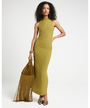Ruched side detail, High neck, Sleeveless, Split hem, Midi length