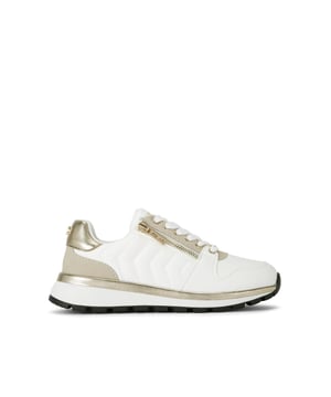 This Carvela Pace Zip trainer features a lace up front with gold zip detail at the eyestay and pin stud on the back. There is a gold band above the white sole.